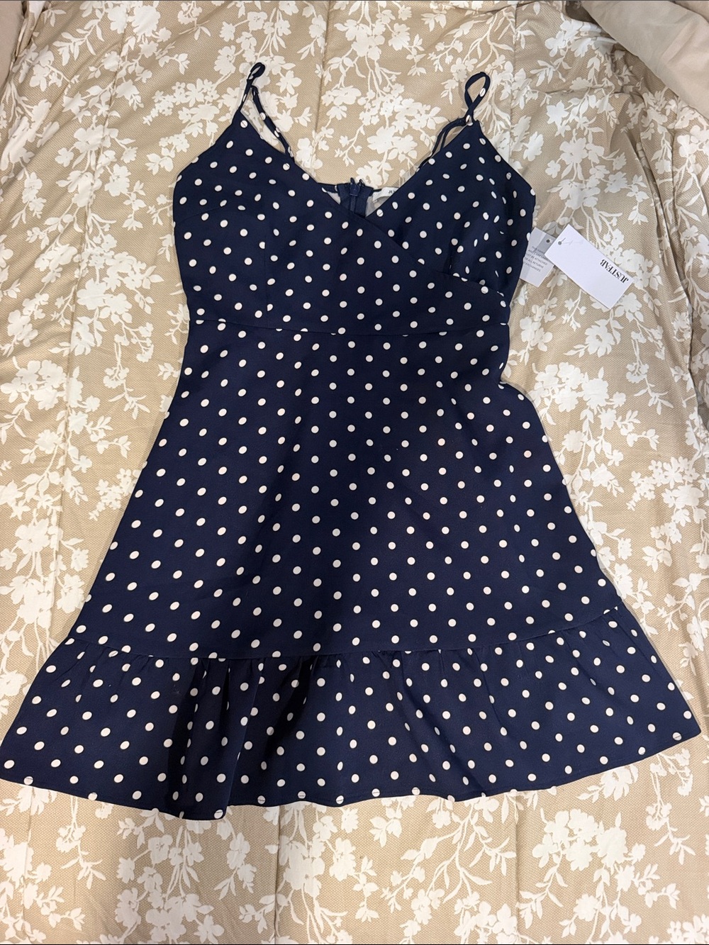 JustFab Navy & White Polka Dot Spaghetti-Strap Dress